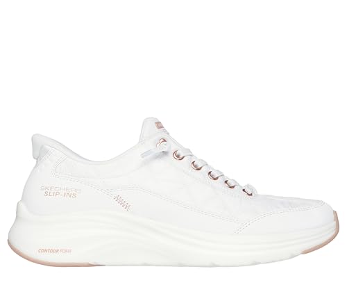 Skechers Tenis Contour Foam Golden Hour, para Mujer, Cuero Duraleather de Malla Blanca con Ribete en Oro Rosa, 39 EU