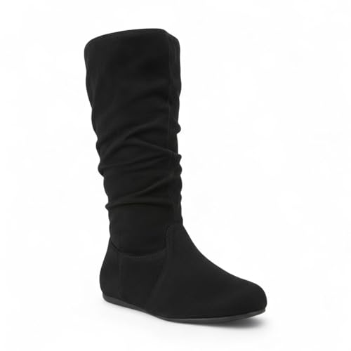 ABSOLEX Womens Soft Slouchy Mid-Calf Flat to Low Heel Pull On Fall Weather Winter Boots Black Suede 8.5