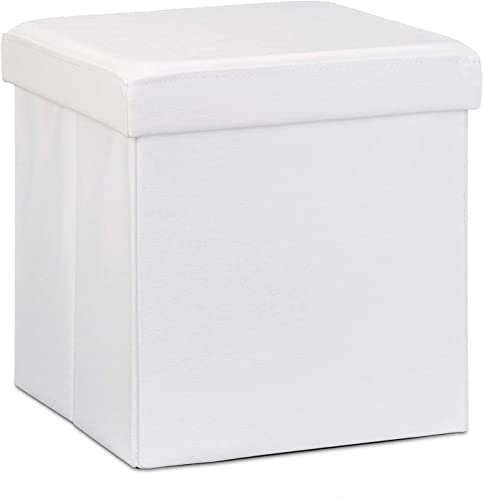GREAT AIGOO Taburete para Almacenaje Plegable 38x38x38 cm. Puff Otomano Multiusos Cuadrado, Baúl Puff Taburete para almacenaje Plegable (Blanco PVC)