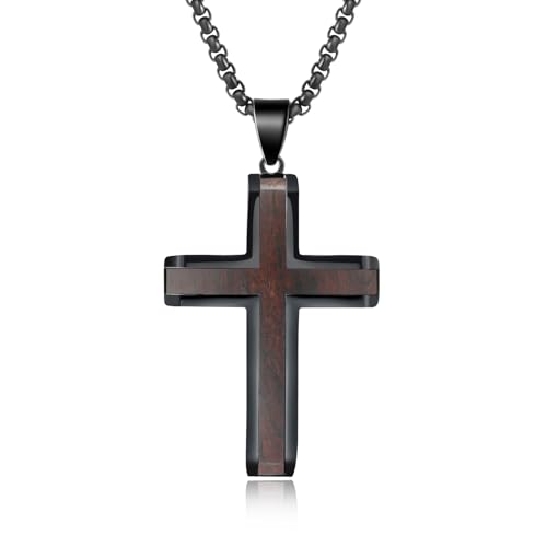 Ropartman Wooden Cross Necklace for Men, Hand Polished Ebony Inset In Black Stainless Steel Christian Mens Cross Pendant Wood, 24" Round Box Chain