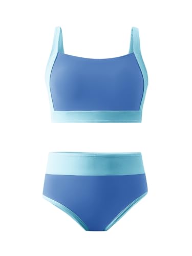 AMAWMW Girls Swimsuit Bathing Suit Color Block Adjustable Straps Bikini Set Two Piece Girls' Swimwear with Chest Pad, Baby Blue, 11-12 Years — view 6