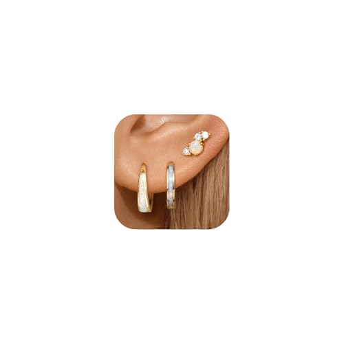 EATHAREEL Opal Earrings for Women Dainty Opal Hoop Huggie Earrings Hypoallergenic 14K Gold Earrings for Sensitive Ears Christmas Gift for Her/Women