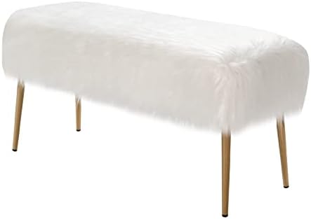 Multigot Faux Fur Ottoman Bench, Makeup Vanity Seat Stool with Golden Legs, Soft Upholstery Rectangular Footrest for Living Room Bedroom Entryway (White)