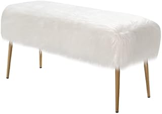 Multigot Faux Fur Ottoman Bench, Makeup Vanity Seat Stool with Golden Legs, Soft Upholstery Rectangular Footrest for Living Room Bedroom Entryway (White)