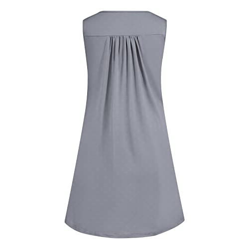 Ffenyan Women's Button V Neck Short Sleeve Tank Dress With Pockets Knee Length Casual Knee Length Sleeveless Dresses B-Gray #TOP3