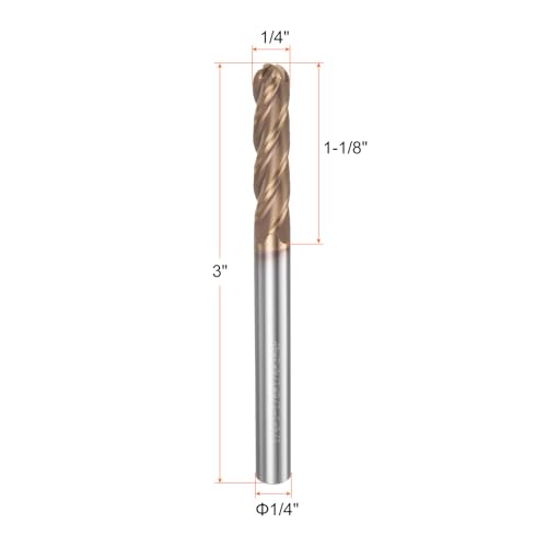 Image of HARFINGTON Ball Nose End Mill 4 Flute 1 /4 inch Diameter 1 /4 inch Shank Tungsten Carbide TICN Coated Spiral CNC Router Bits 1-1 /8 inch Cutting Length Single End Ball Cutting Tool for Carving Engraving