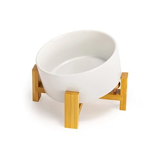 15° Slanted Ceramic Dog and Cat Bowl with Wooden Stand, Tilted Bulldog Food and Water Bowl No Slip Non-Spill for Cats Medium Dogs Big Face Pets 28.7 OZ (3.6 Cups, White)