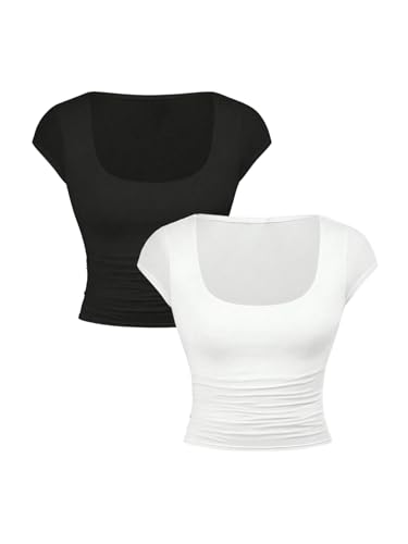 Soly Hux Girl'S T Shirts Short Sleeve Scoop Neck Basic Tees Summer Fitted Ruched Tops 2 Packs Black And White 14Y cover