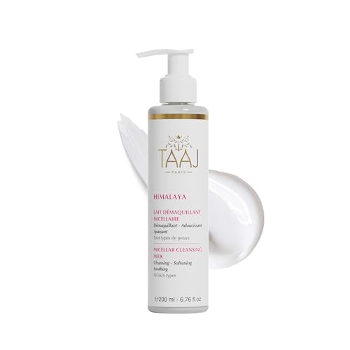 TAAJ | Lait Démaquillant Micellaire Hymalaya | Nettoie et Démaquille | Élimine les Impuretés | Peau Parfaitement Douce et Souple | Le Teint est Frais et Lumineux | Fabriqué en France | Vegan | 200 ml