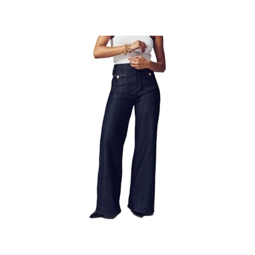 Pantalones Marineros de Pierna Ancha con Control de Barriga, Jeans Casuales de Pierna Recta de Talle Alto, Jeans de Pierna Ancha con Control de Barriga (Dark Blue,M)