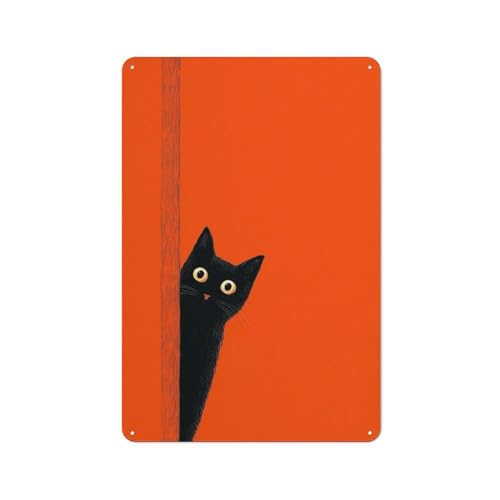 Letreros de metal de estaño con diseño de gato negro mirando detrás de la puerta, decoración de pared para bar, pub, club, cafetería, habitación, granja, blanco, 30 x 20 cm