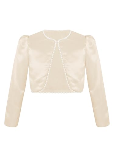 Hularka Kids Girls Shrugs Long Sleeve Bolero Coat Faux Pearl Trim Open Front Lightweight Cropped Cardigan Jacket