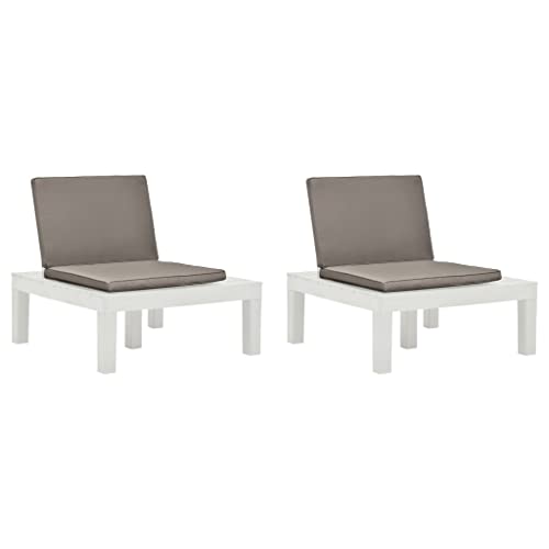 Chaises de jardin en plastique blanc et coussins marron x2