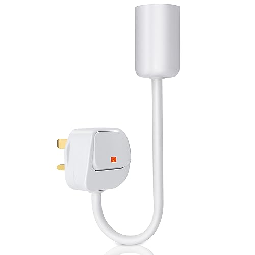 E27 Bulb Holder with UK Plug, Lamp Holder with On/Off Switch Plug in Wall Light Socket Adapter, Extension Screw Lamp White Metal Lamp Base for Bedroom, Kitchen, Office(Without Bulb)