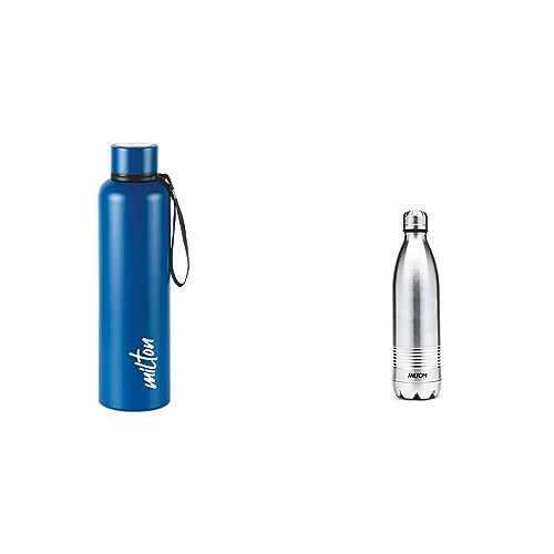 Image of Milton Aura 1000 Thermosteel Bottle, 1.05 Litre, Dark Blue & Milton Duo DLX 500 Thermosteel Water Bottle, 1 Piece, 500 ml, Silver