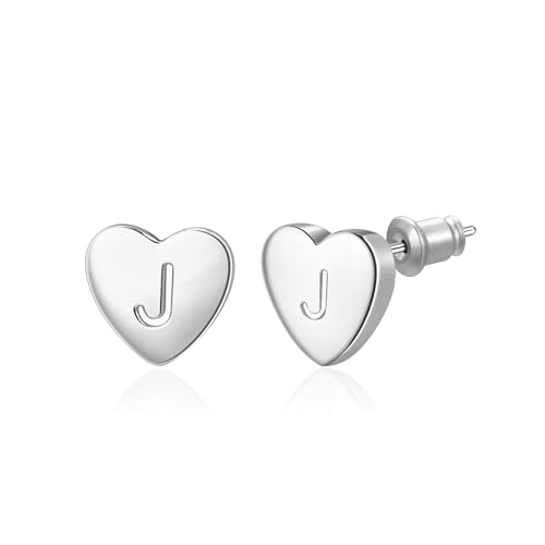 Pendientes de corazón para niñas y mujeres, chapados en plata, delicados aretes de letra, hipoalergénicos, regalos de cumpleaños para mujeres (plata J)