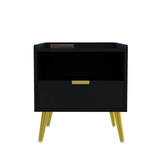 Image of Wooden Bedside Table for Bedroom | Wooden Bed Side Nightstand Lamp Table with 1 Drawers & Open Shelf Storage for Home & Hotels | HDMR Premium Wood & Iron Legs | Black (Pack of 2)