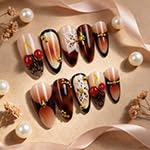 3D Flower Press on Nails Medium Almond False Nails with Spring Summer Flower Cherry Pattern Design Gold Rhinestone Full Cover Stick on Nails Acrylic False Nail for Women Daily DIY Manicure 24Pcs thumbnail