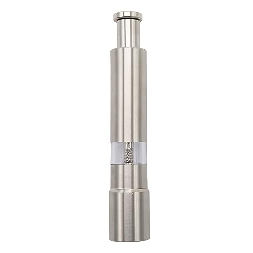 Premium Stainless Steel Salt Grinder Pepper Mill for Peppercorns Sea Salt and Spices, Thumb Push Button for 1 Hand Operation for Grinding Salt and Black Pepper (1 MILL)