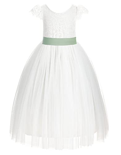 Ivory Lace V-Back Cap Sleeves Flower Girl Dresses for Special Occasions 622T2