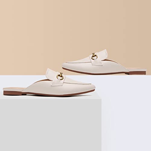 Cicomuin Buckle Mules For Women Beige Pointed Toe Backless Flat Mules Slip On Slides Loafer Shoes #TOP4