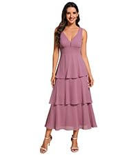 Ever-Pretty Vestido de Invitada de Boda Gasa Dobladillo con Volantes Cuello en V sin Mangas Elegante Midi Vestidos de Cóctel de Largo EG02110