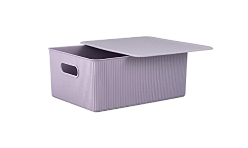 Superio Ribbed Collection - Decorative Plastic Lidded Home Storage Bins Organizer Baskets, Large Lilac Purple (1 Pack - 15 Liter) Stackable Container Box, For Organizing Closet Shelves Drawer Shelf #TOP1
