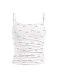 Floerns Girl's Cute Bow Print Camisole Tops Ruched Sleeveless Spaghetti Strap Top White and Pink 10Y