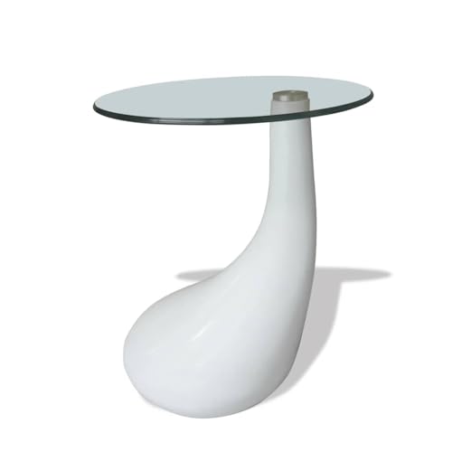 QJBSAVVA Table Basse avec Dessus en Verre Trempé Rond, Table d'Appoint Design Goutte d'eau, Bout de Canapé Blanc Laqué Haute Brillance pour Salon et...