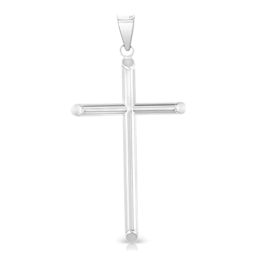 Ioka - 14K White Gold Classic Plain Cross Pendant Religious Large Size Charm For Necklace or Chain