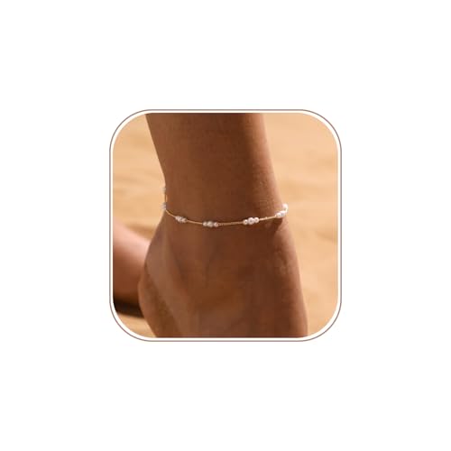 Image of VIROMY Dainty Pearl Anklet for Women 14k Gold Plated Summer Beach Beaded Pearl Anklet Non Tarnish Waterproof Dainty Foot Chain