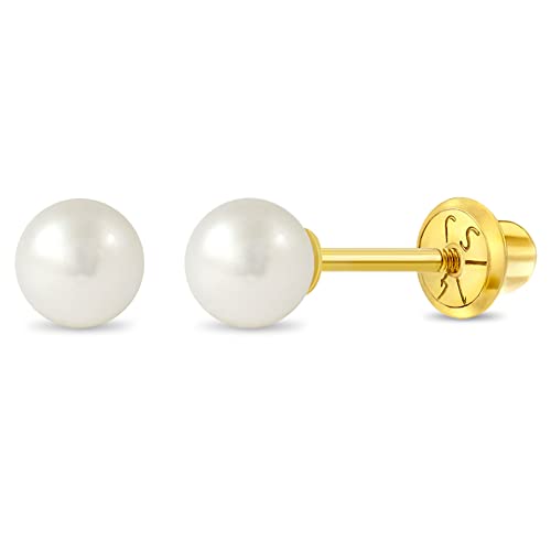 14K Yellow Gold White Freshwater Cultured Pearl Screw Backs For Girls, Tiny Stud Earrings For Babies, Infants To Toddlers- Beautiful Screw Backs For Little Girls, Small Shiny Studs #TOP30