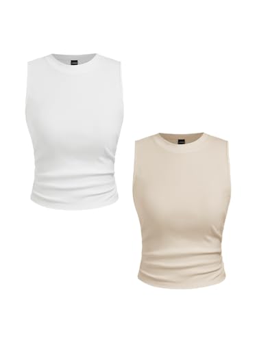 Image of CIDER Womens Tank Tops Sleeveless High Neck Ruched Crop Tops Going Out Casual Basic Ribbed Shirt Summer Fashion Clothing