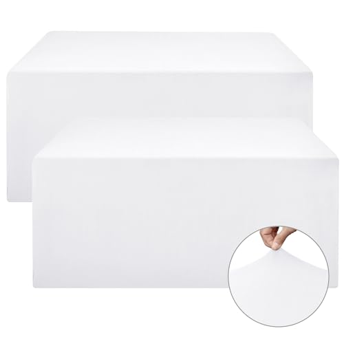 Image of Rectangle Spandex Fitted Tablecloths For Vendor 2 Pcs 96X30 Inch White | Wrinkle Resistant Elastic Table Covers for 8 Foot Folding Table,Vendor Booths, Parties, Craft Show, Trade Show, 96 x 30 Inch