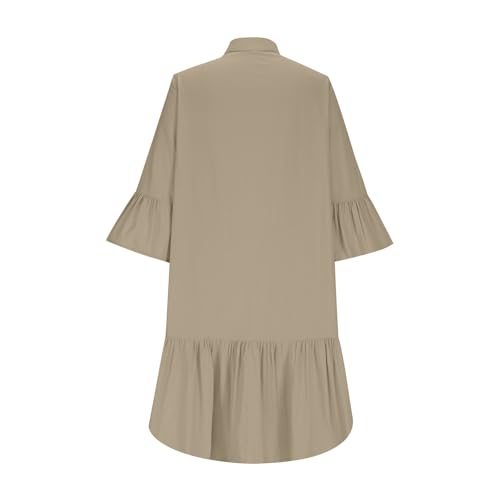 Cotton Linen Dress for Women Half Sleeve V Neck Button Casual Beach Dress Ruffle Flowy Tiered Midi Dresses Khaki