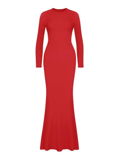 Image of REORIA Women's Sexy Crew Neck Lounge Long Dress Elegant Long Sleeve Ribbed Bodycon Maxi Dresses