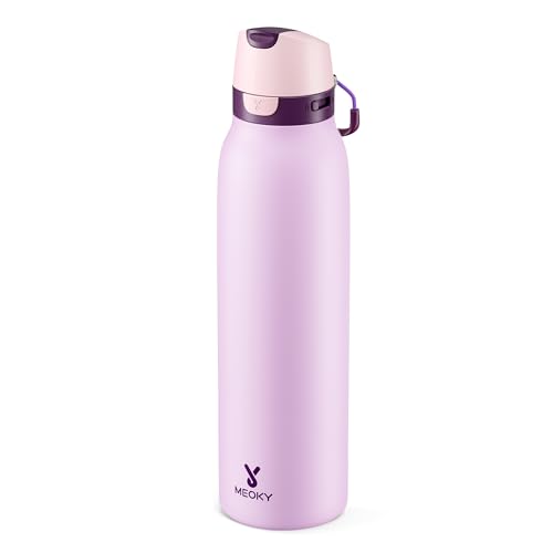 Image of Meoky 24 oz Stainless Steel Slim Water Bottle: Leak Proof Locking Lid, 2-in-1 Straw and Spout, 24 Hours Cold, Top Handle, BPA Free, Insulated Water Bottle for Women Sports Travel Gym, Lavender