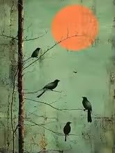 LIRHIQYGF Branches and Birds Poster and Prints Green Background Sunset Canvas Painting Wall Art Living Room Home Decor(60x90cm/Frame)