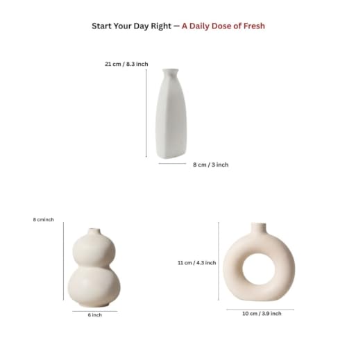 Image of Ceramic Flower Vase Set of 3 | Modern Nordic Minimalist White Vases for Pampas Grass & Dried Flowers | Decorative Table Vase for Living Room, Home, Office, Shelf Decor (Matte Finish)