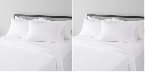 Image of Amazon Basics Lightweight Super Soft Breathable Wrinkle-Resistant Microfiber 4-Piece Bed Sheet Set with 14-Inch Deep Pockets, Queen, Bright White, Solid (Pack of 2)