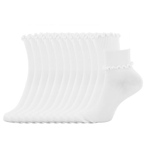 braxan 6 Pack White Ruffle Socks, Stylish Ruffle Socks Women with Soft Knit Cotton Lettuce edge, Crew Style Ankle Boot Sock for Teen Women