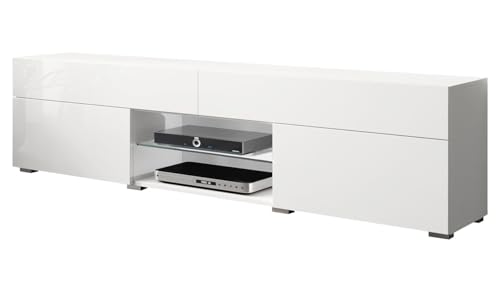 Herenko - Mueble bajo para televisor, mueble de televisión, mueble de TV, mesa alta, sin asas, aparador, tonos naturales, banco de TV (color blanco brillante, sin iluminación)