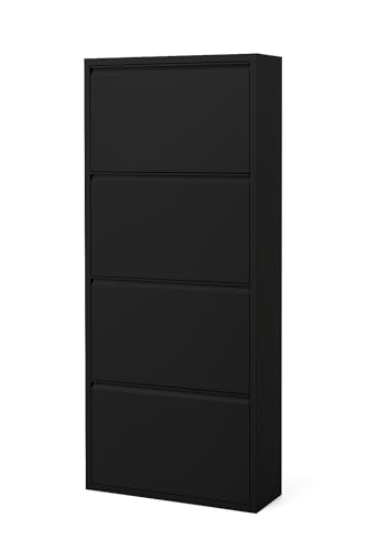 formood 4 Tier Metal Shoe Cabinet Slim 15cm Wall Mounted Cupboard with Pulldown Doors Modern Hallway & Entryway Storage Unit Holds 1012 Pairs - Matte Black