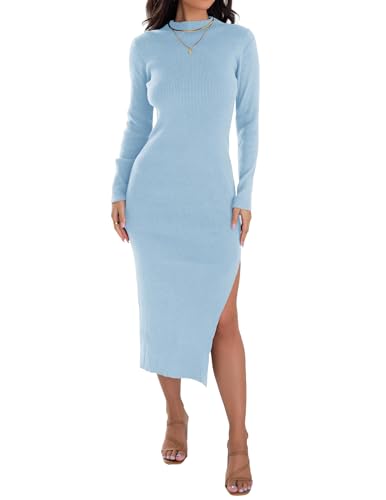 Image of ZESICA Women's 2026 Ribbed Knit Dress Long Sleeve Mock Neck Slim Fit Side Slit Fall Elegant Sweater Dresses