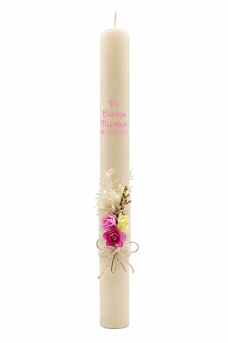 Vela/Cirio de bautizo de CERA BEIG decorada con pick floral rústico para niño/a (ROSA)