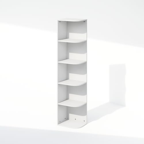 Image of Furinno Reed Corner Shelf, 5-Tier Corner Bookshelf, Book Shelf, Corner Shelves, Storage Rack, for Organization and Storage, Home Office, Living Room, White