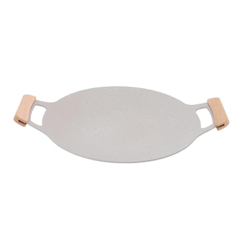HERCHR Korean BBQ Grill Pan, Nonstick Round Griddle Grill Pan with Wooden Handle for Indoor and Outdoor