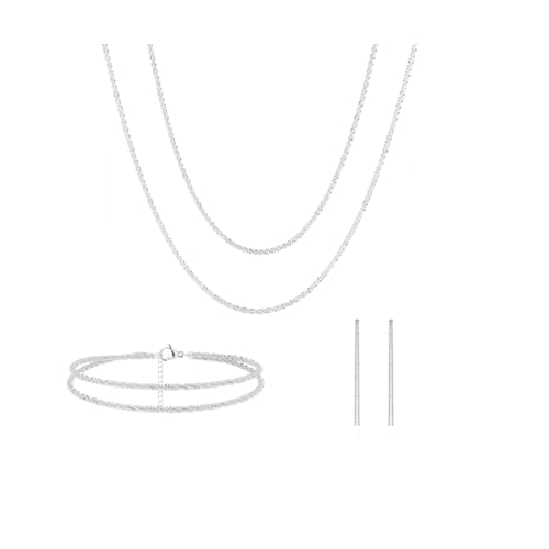 Meteorstarry Silberschmuck Damen 925, 3 Paar Glizter Ohrringe Silber 925 Hängend+Silberkette Ohne Anhänger+Silberarmband,Silberne Schmuckset Ketten Set Silver Jewellery Hochzeitsschmuck für Frauen