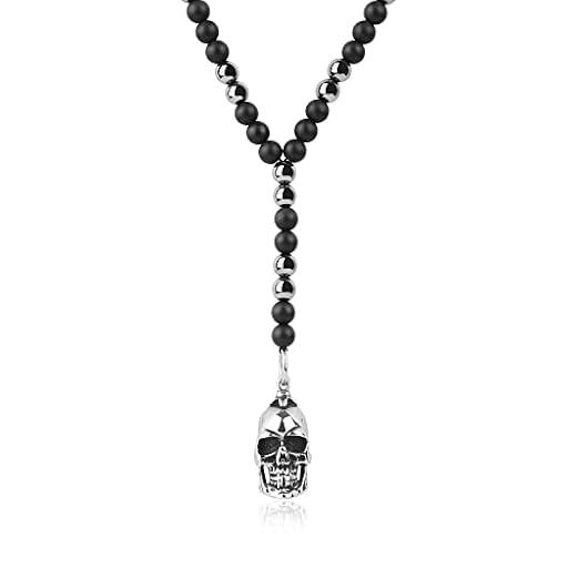 GAVU Collar Calavera Hombre, Collar en Y Rosario para hombre con Cuentas de Ónix Mate y Hematita con Colgante Calavera de Acero inoxidable | Ya disponible en tu tienda friki favorita! En mundofriki.es!