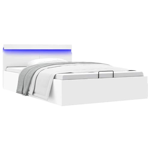 Rantry Cama canapé hidráulica con LED Cuero sintético Blanco 140x200cm con LED, Tapicería de Cuero Artificial, Lamas de Madera Cama Doble con Espacio de Almacenamiento hidráulico